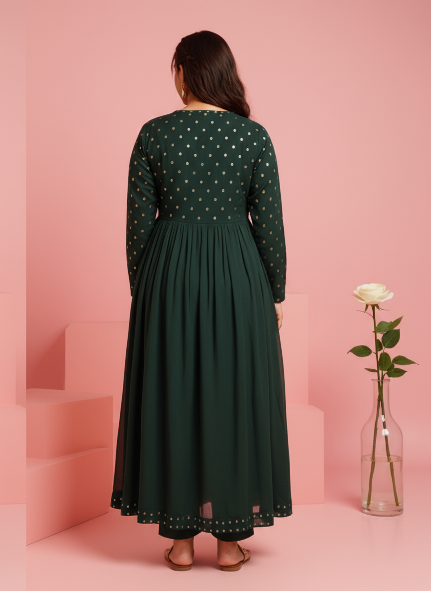 Georgette Solid Angrakha Green Kurta