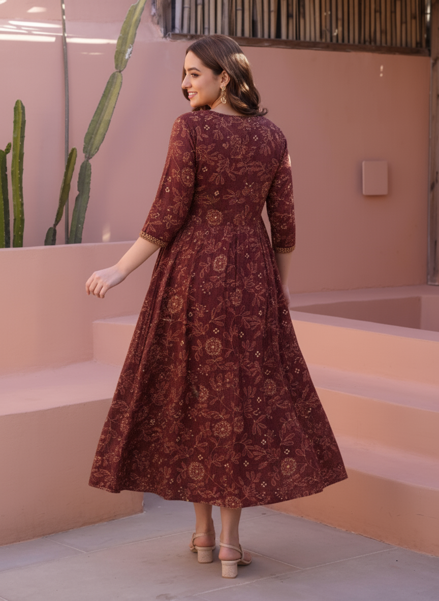 Soft Cotton Ikat Anarkali Maroon Dress