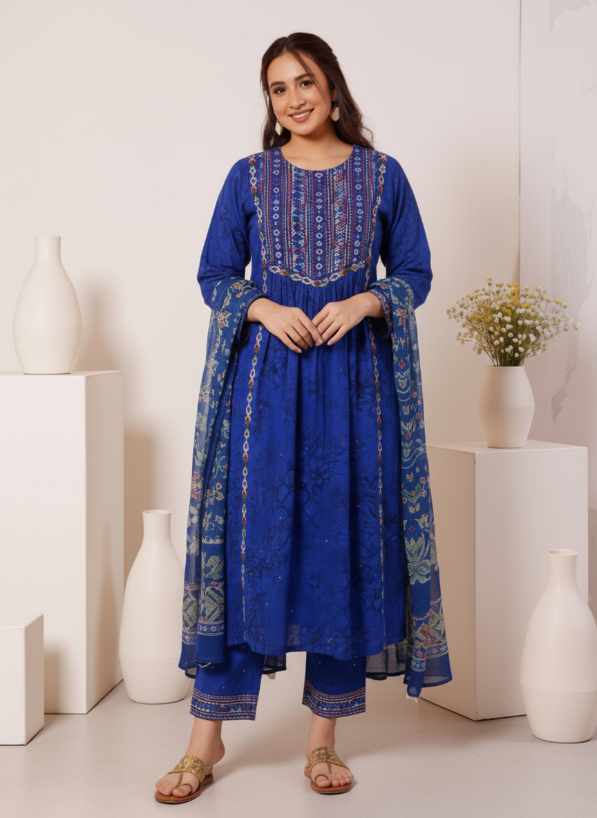 Embroidered Roman silk Flared Kurta