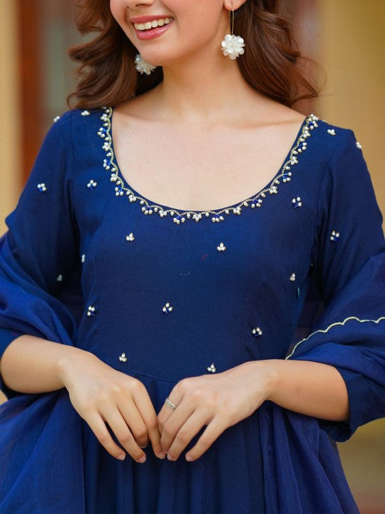 Ambraee Floral Yoke Design Empire Beads and Stones Anarkali Kurta With Trousers & Dupatta