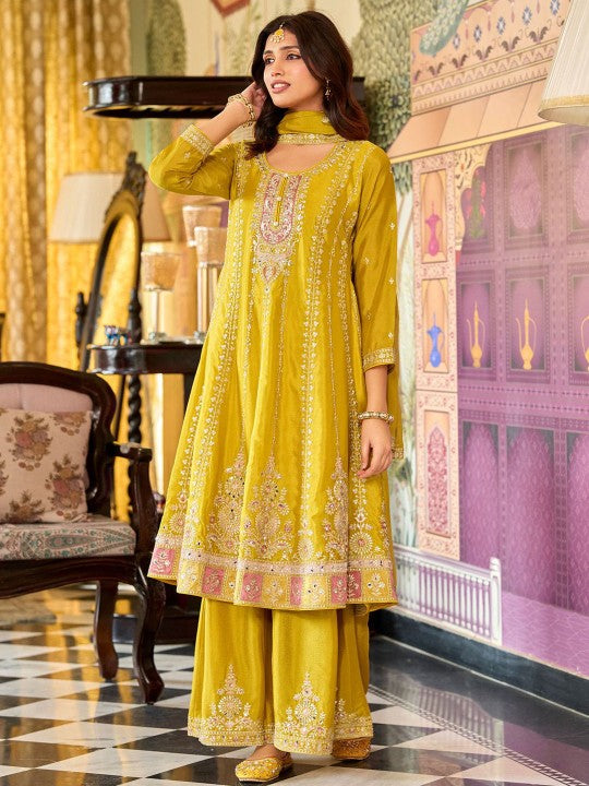 Indo Era Floral Embroidered Mirror Work Round Neck Anarkali Kurta