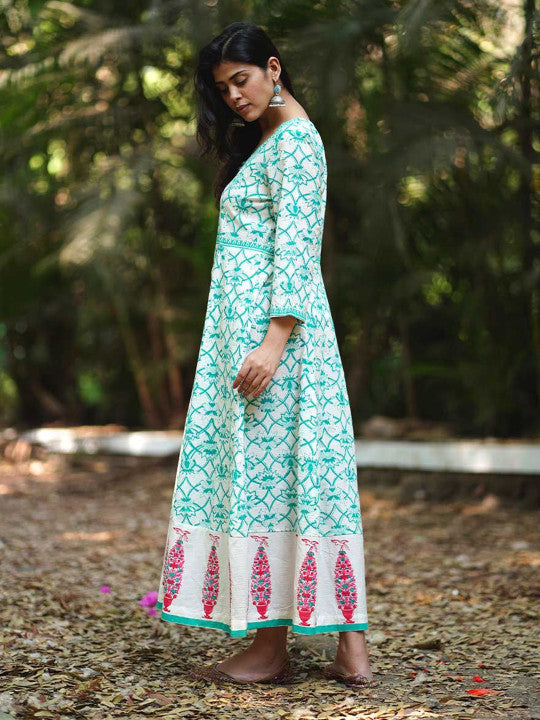 Chidiyaa MMG Chamomiles Calm Teal Green Block Printed Cotton Dress