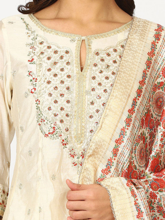 W Off White Floral Embroidered Keyhole Neck Regular Kurta With Trouser With Dupatta