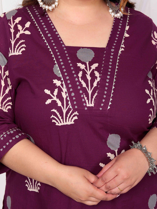 Floral Printed Pure Cotton Straight Kurta With Trouser And Dupatta