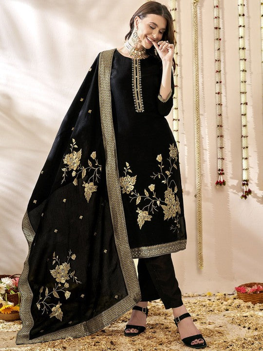 Anouk Black Floral Embroidered Beads & Stones Jacquard Kurta