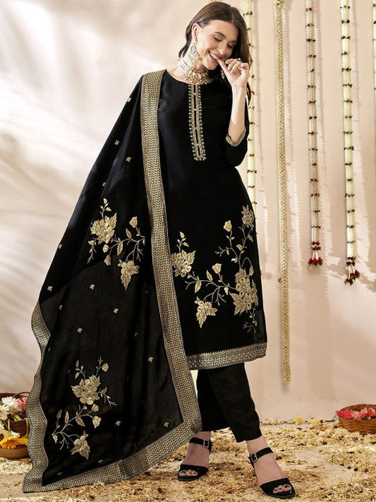 Anouk Black Floral Embroidered Beads & Stones Jacquard Kurta