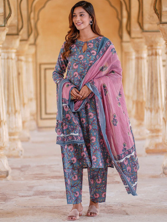 Jaitpuriya Floral Printed Keyhole Neck Pure Cotton Straight Kurta With Trousers & Dupatta