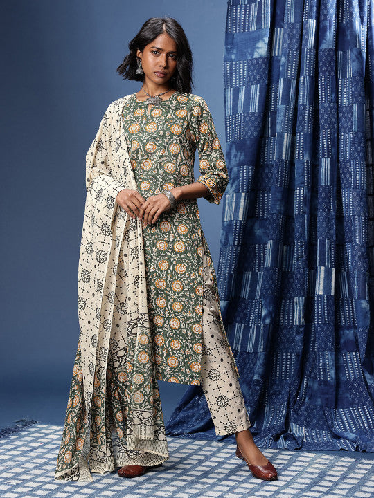 Taavi Bagru Ethnic Motifs Printed Pure Cotton Straight Kurta With Trousers & Dupatta