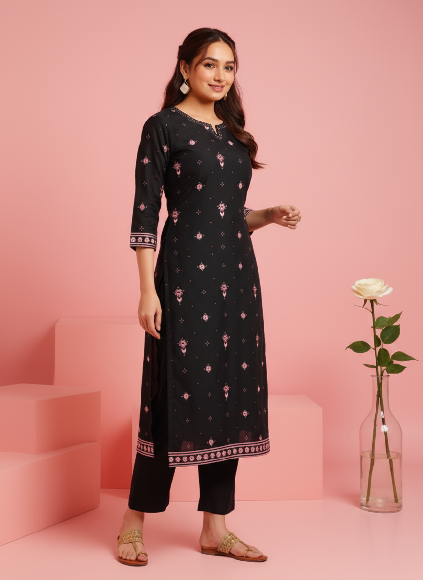Embroidered Poly Chanderi Geometric Straight Black Kurta