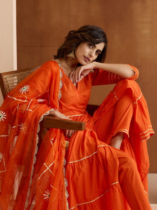 Ishin Gotta Patti Pure Cotton V-Neck Anarkali Kurta With Palazzos And Dupatta