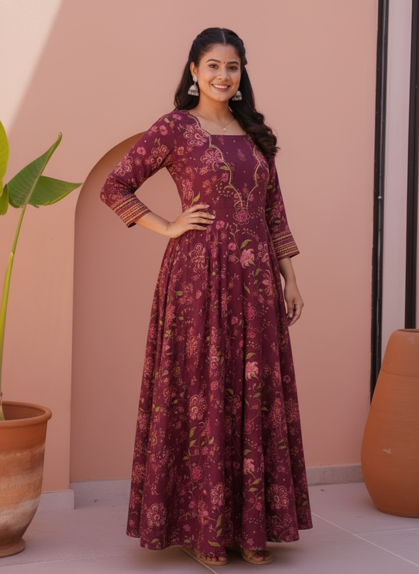 Viscose Floral Anarkali Wine Dress