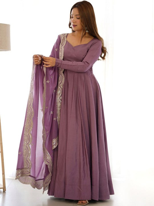 Neck Pleated Anarkali Kurta With Trousers & Dupatta