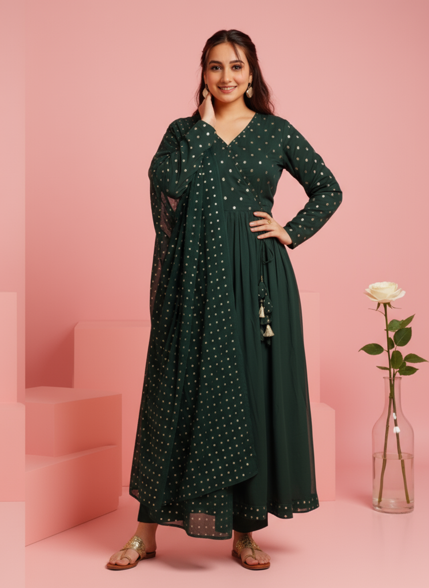 Georgette Solid Angrakha Green Kurta