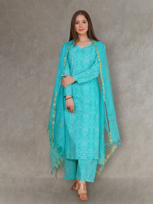 DIMPLE DESIGN STUDIO Bandhani Printed Pure Cotton Straight Kurta with Trousers & Dupatta