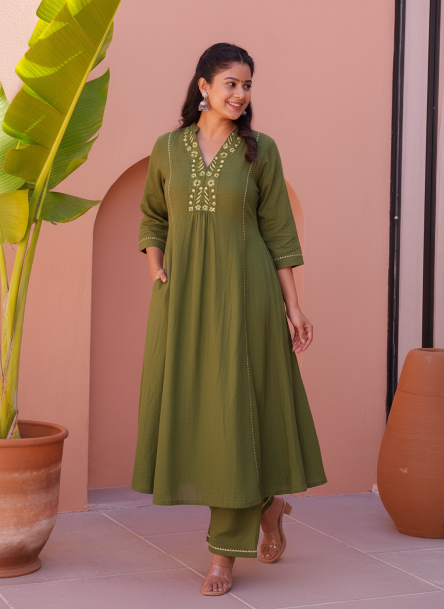 Embroidered Roman silk Flared Kurta