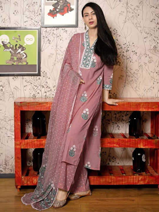 GoSriKi Floral Printed V-Neck Straight Kurta With Palazzos And Dupatta