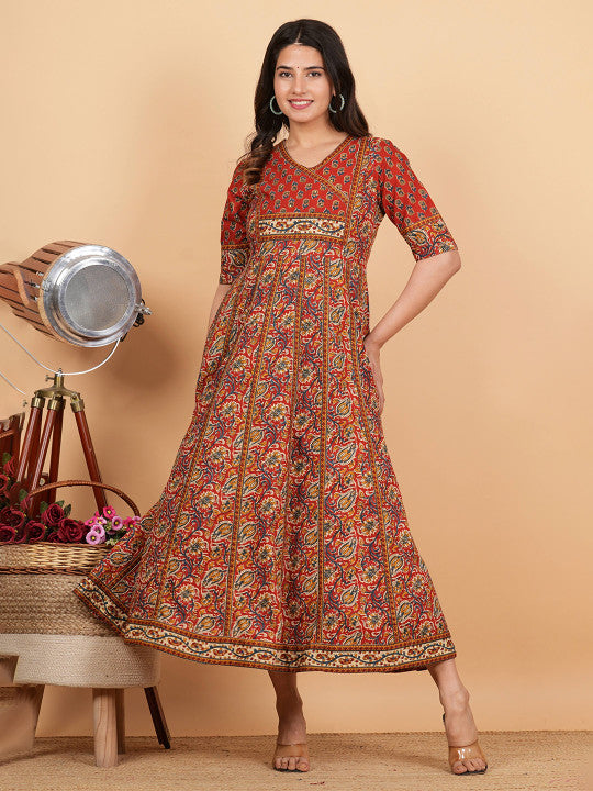 Vbuyz Floral Printed Cotton V-Neck Anarkali Kurta
