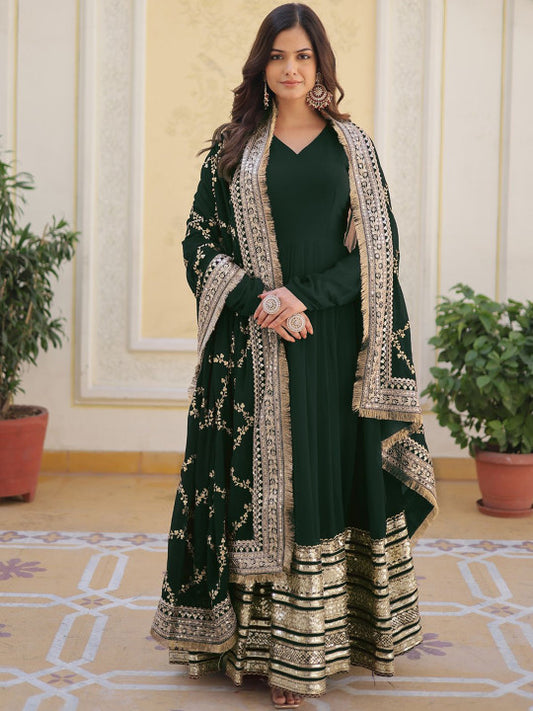 Fusionic Women Green Georgette Sequin Embroidered Gown