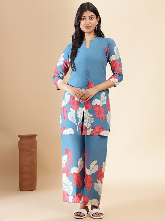 Aqua Blue Floral Print Straight Cotton Stitched Co-Ord (Set of 2)