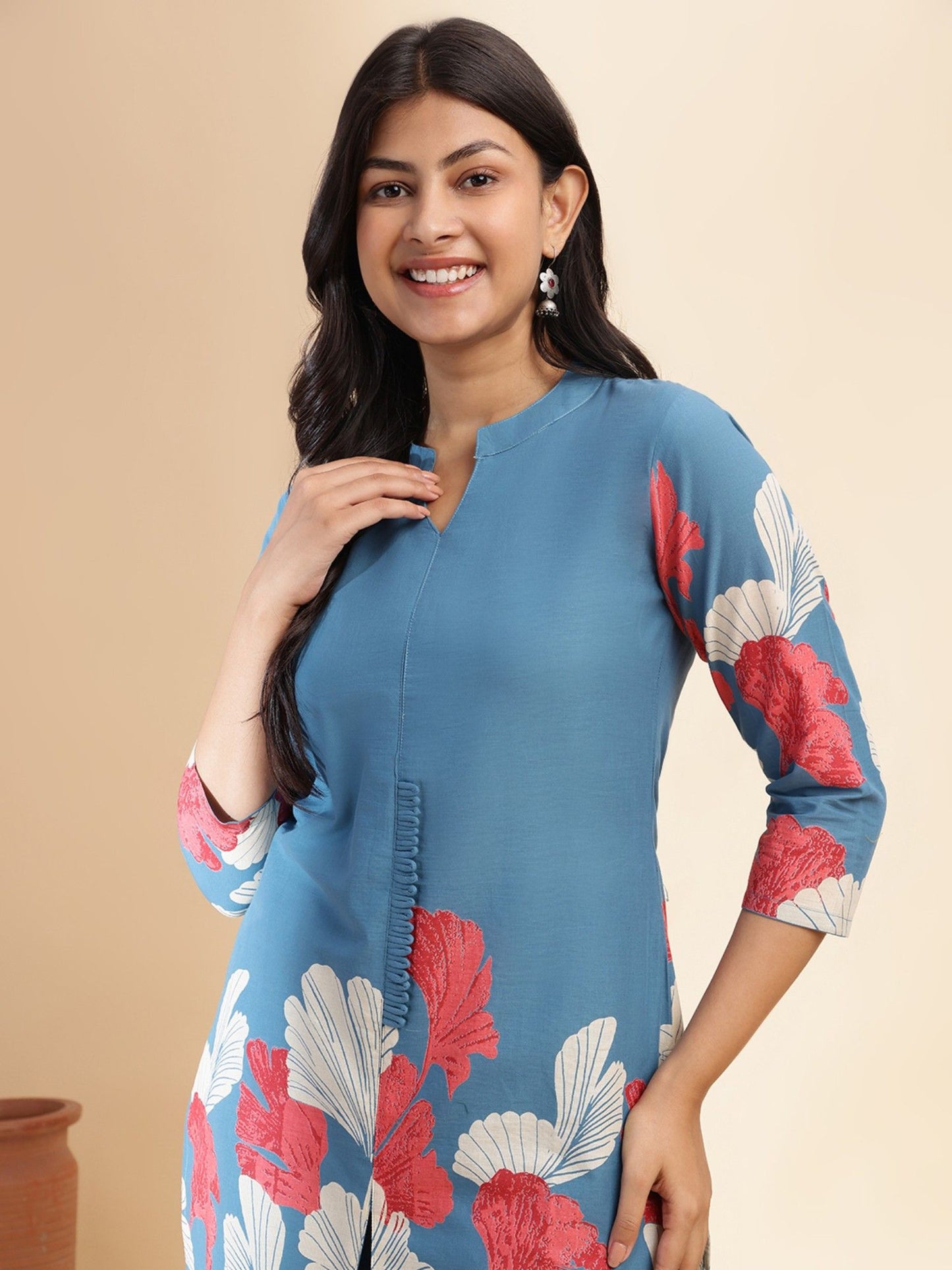 Aqua Blue Floral Print Straight Cotton Stitched Co-Ord (Set of 2)