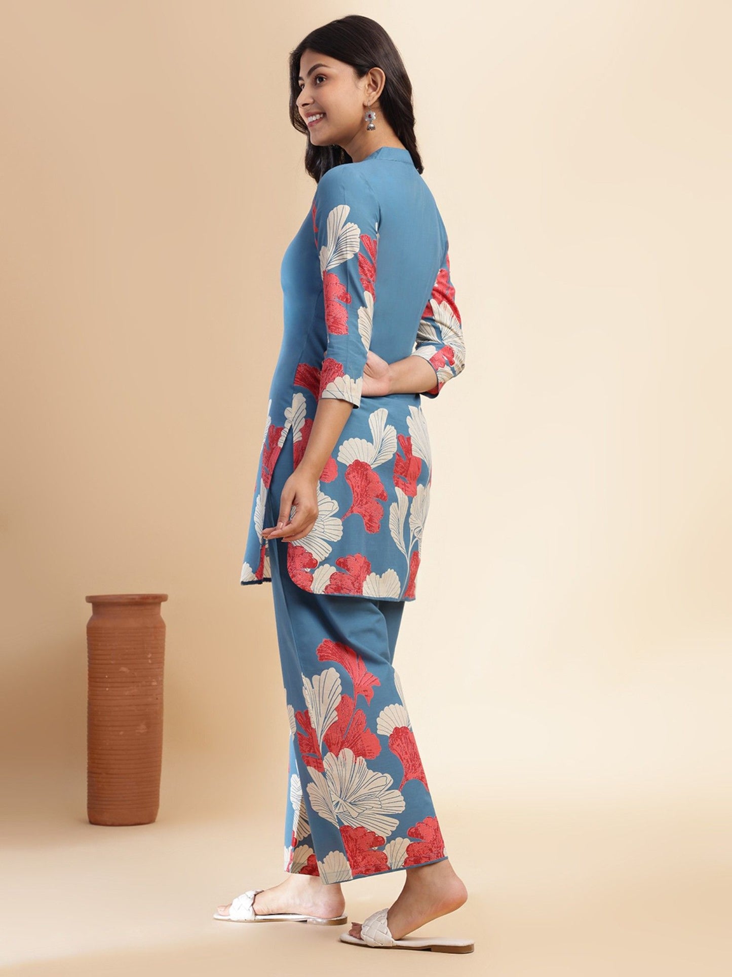Aqua Blue Floral Print Straight Cotton Stitched Co-Ord (Set of 2)