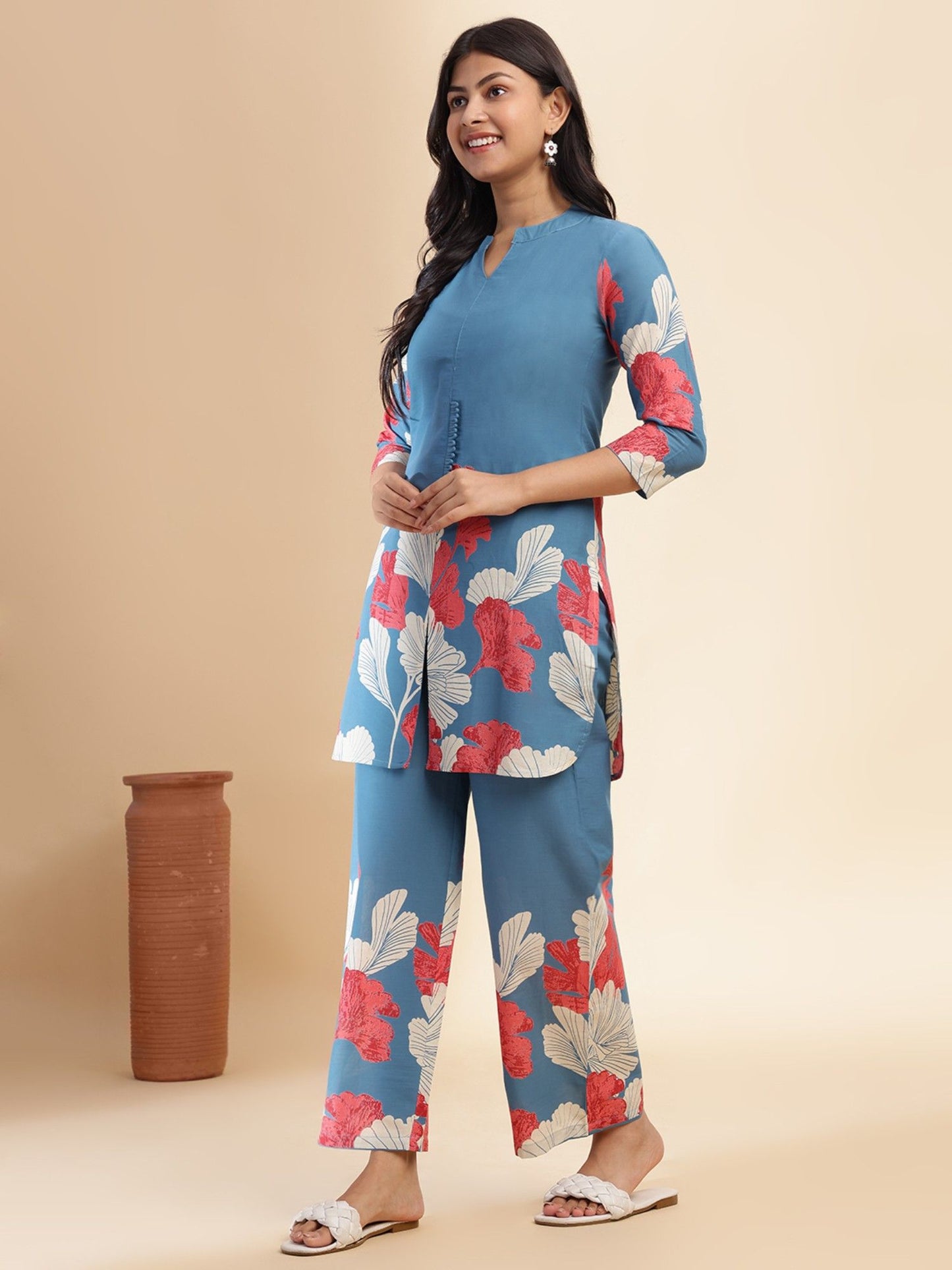 Aqua Blue Floral Print Straight Cotton Stitched Co-Ord (Set of 2)