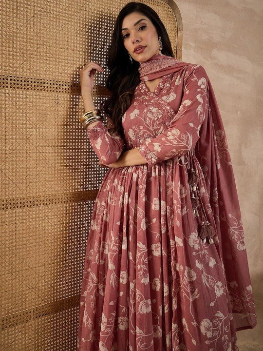 CHETI Women Floral Printed Anarkali Kurta with Trousers & Dupatta