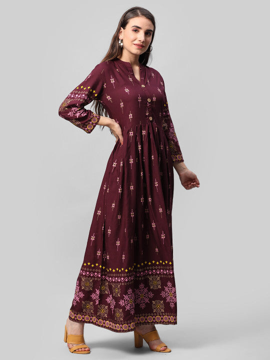 Aaysa Kurti Ethnic Motifs Printed Mandarin Collar Fit & Flare Ethnic Dress