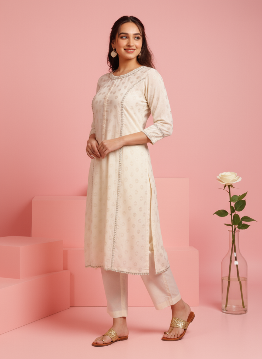 Embroidered Georgette Gold foil Flared Off White Kurta
