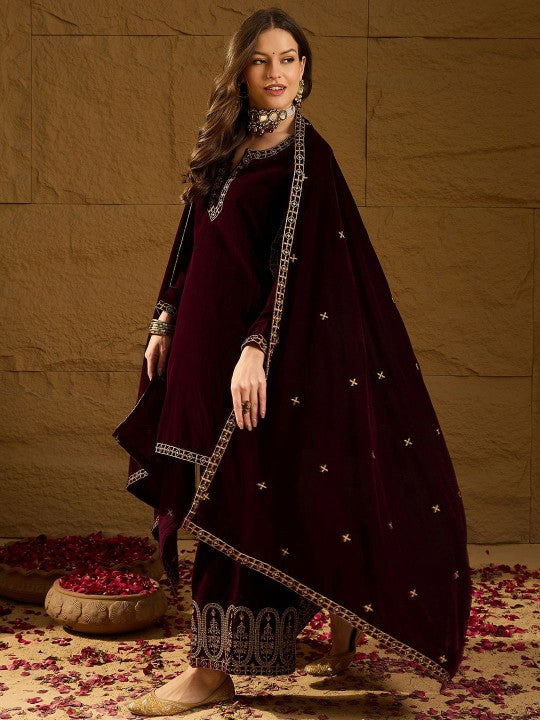 House of Pataudi Yoke Design Notch Neck Velvet Kurta