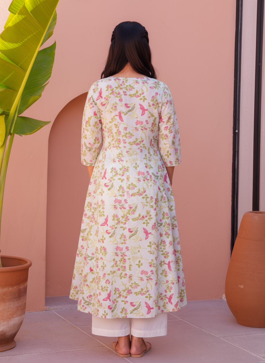Soft Cotton Floral Flared Off White Kurta