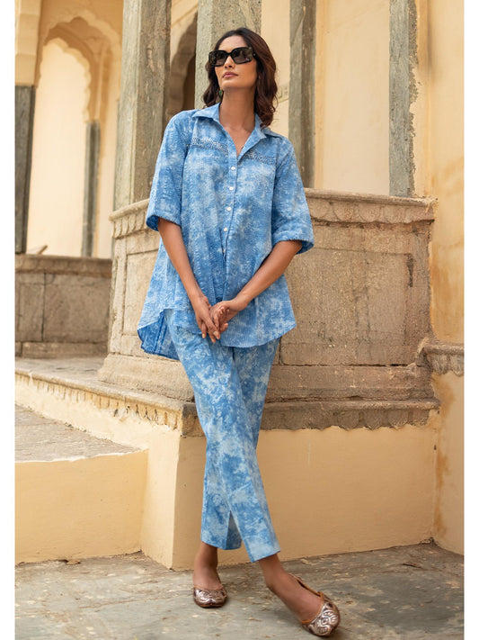 Indigo Blue Marble Tie &amp; Dye Handcrafted Lose Co-Ord Set