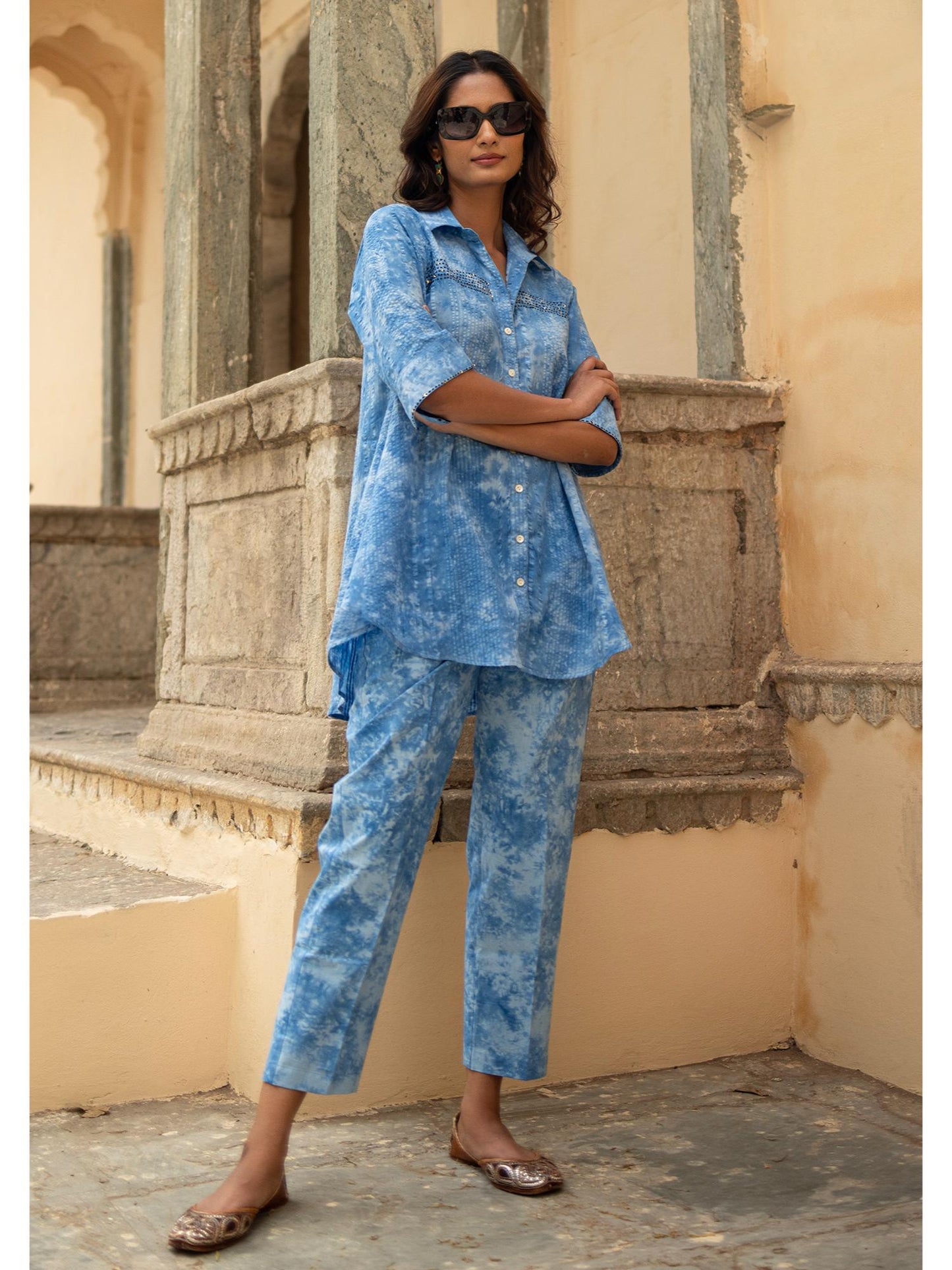 Indigo Blue Marble Tie &amp; Dye Handcrafted Lose Co-Ord Set