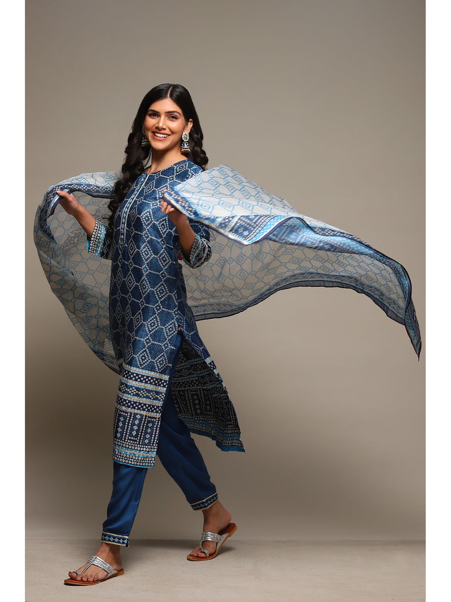 Womens Blue Printed Viscose Straight Suit (Set of 3)