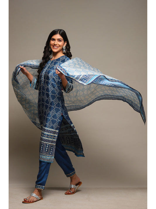 Womens Blue Printed Viscose Straight Suit (Set of 3)