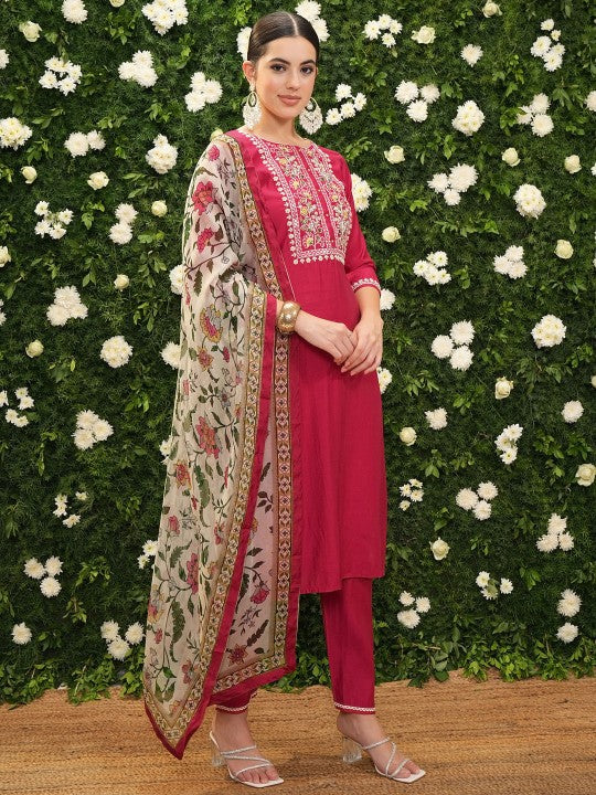 Vishudh Pink Ethnic Motifs Yoke Design Thread Work Kurta With Trousers & Dupatta