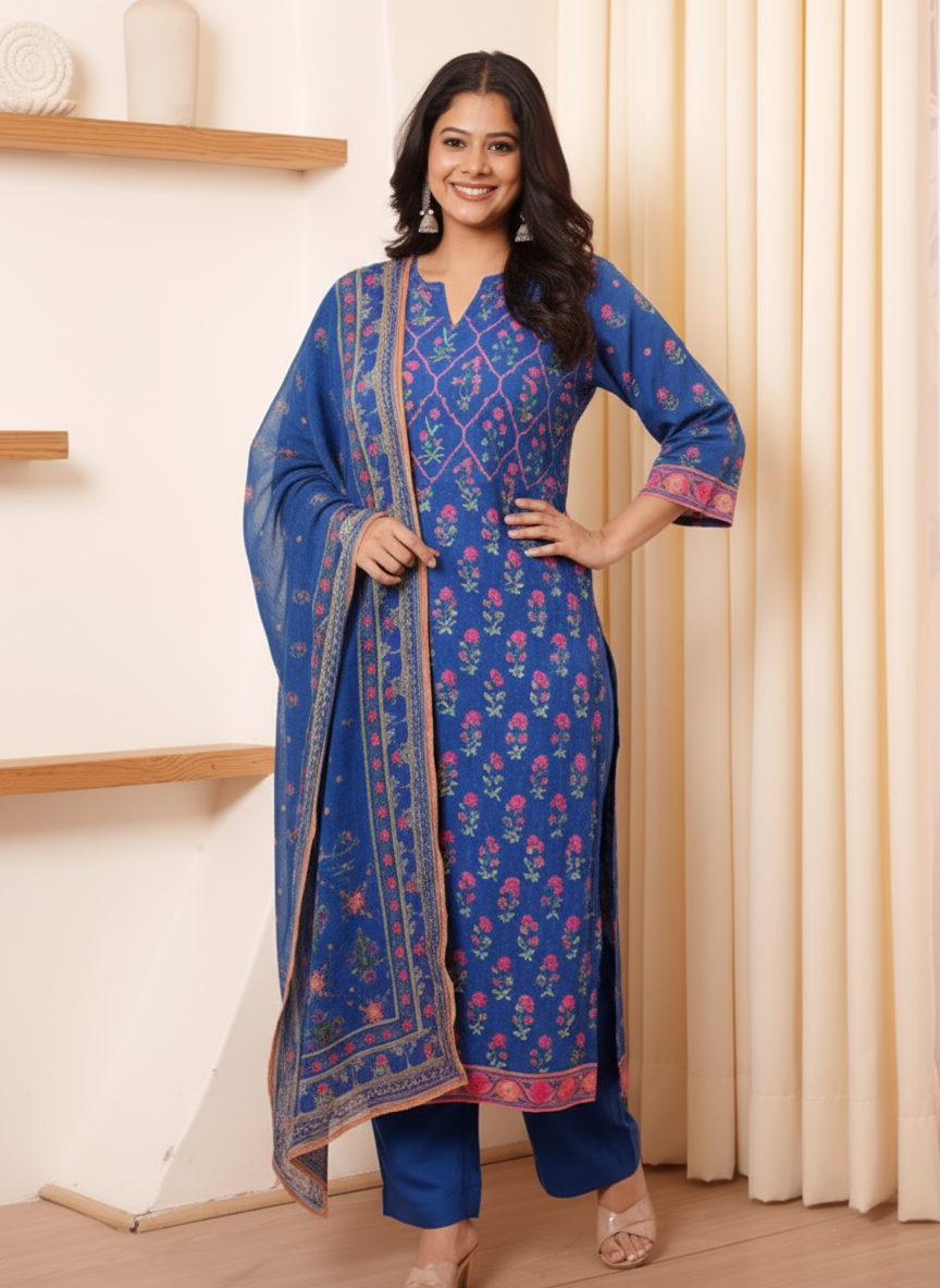 Viscose Floral Straight Blue Kurta