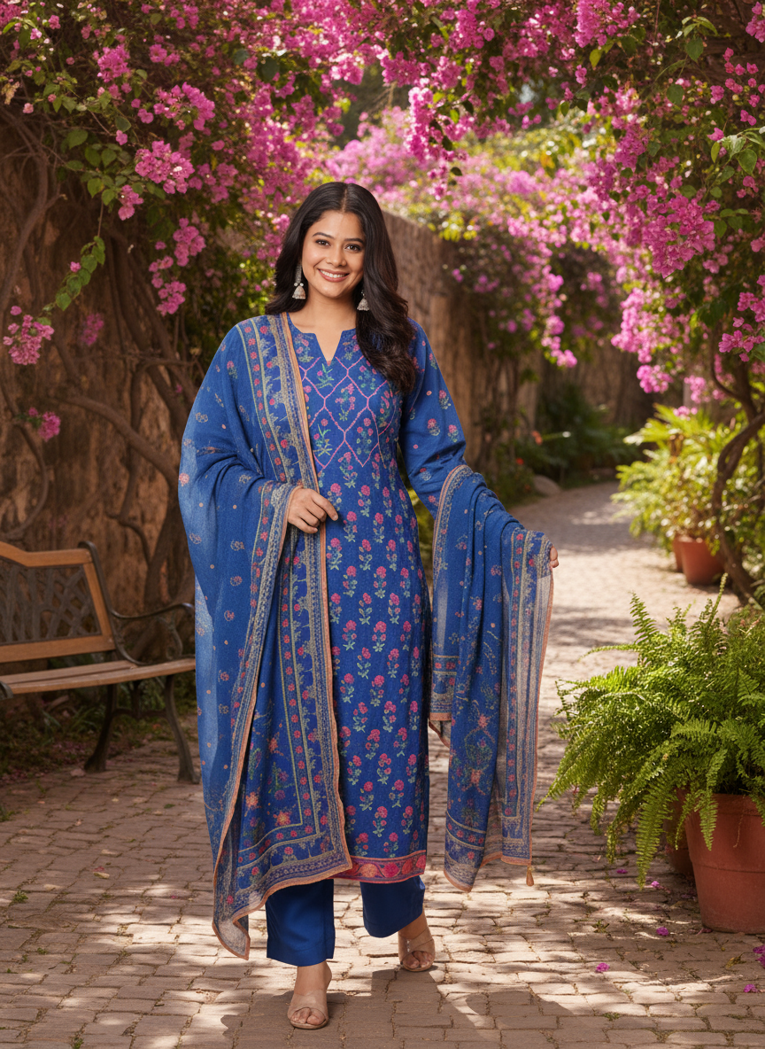 Viscose Floral Straight Blue Kurta