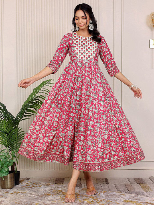 GULAB CHAND TRENDS Floral Printed Notch Neck Cotton Fit & Flare Midi Ethnic Dress