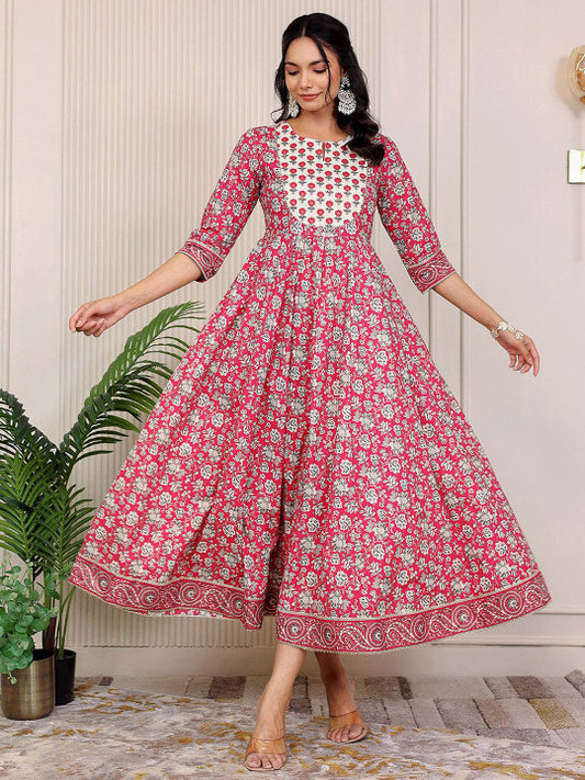 GULAB CHAND TRENDS Floral Printed Notch Neck Cotton Fit & Flare Midi Ethnic Dress