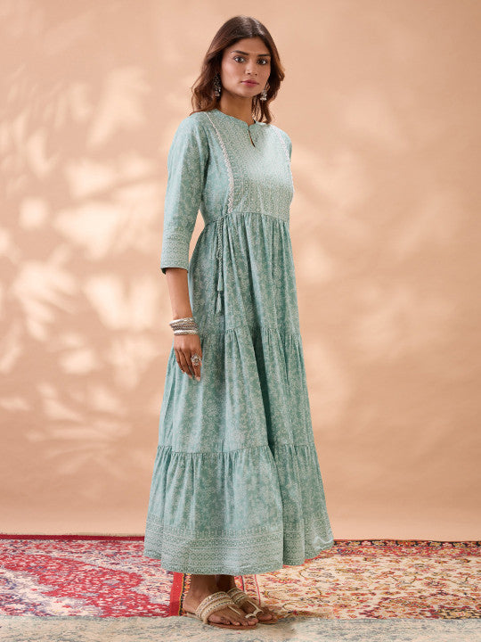 Globus Floral Print Fit & Flare Lace Detail Flared Hem Tiered Maxi Dress