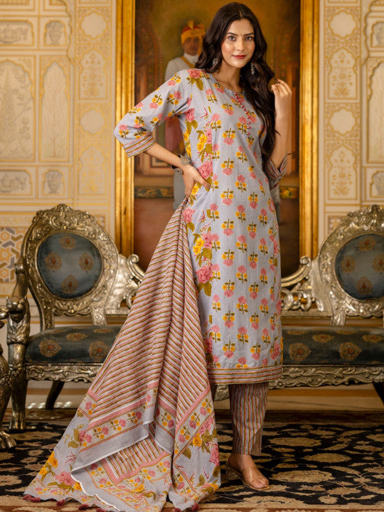 Floral Printed Regular Pure Cotton Kurta with Trousers & With Dupatta