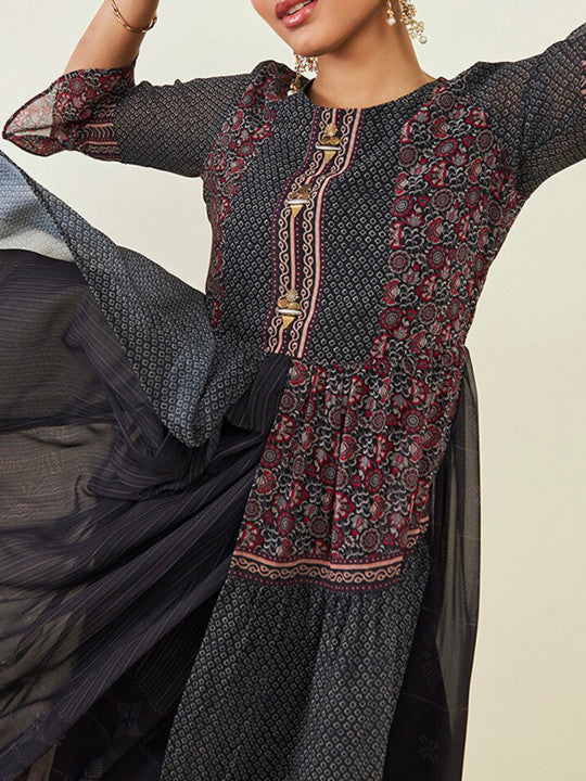 Neck Ethnic Motifs Printed Georgette Fit And Flare Ethnic Dress