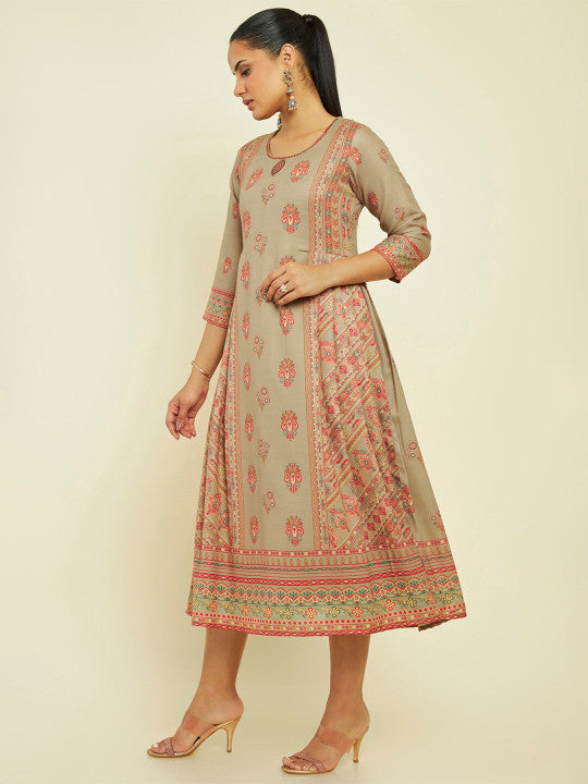Neck Ethnic Motifs Printed Cotton Fit and Flare Ethnic Dress