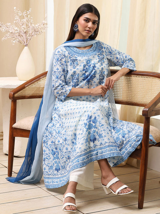 Biba Women Floral Printed Regular Pure Cotton Kurta with Palazzos & With Dupatta