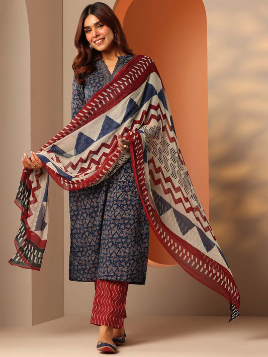 Blue Printed Kurta and Pant with Dupatta