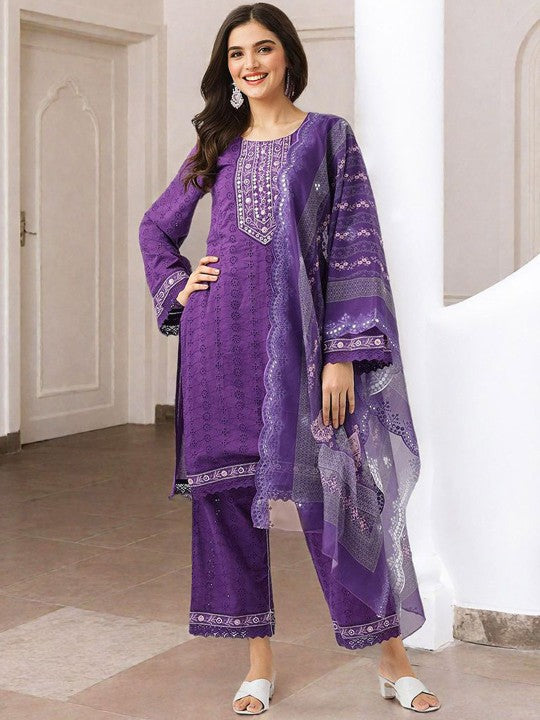 Ishin Floral Embroidered Mirror Work Pure Cotton Straight Kurta With Trouser & Dupatta