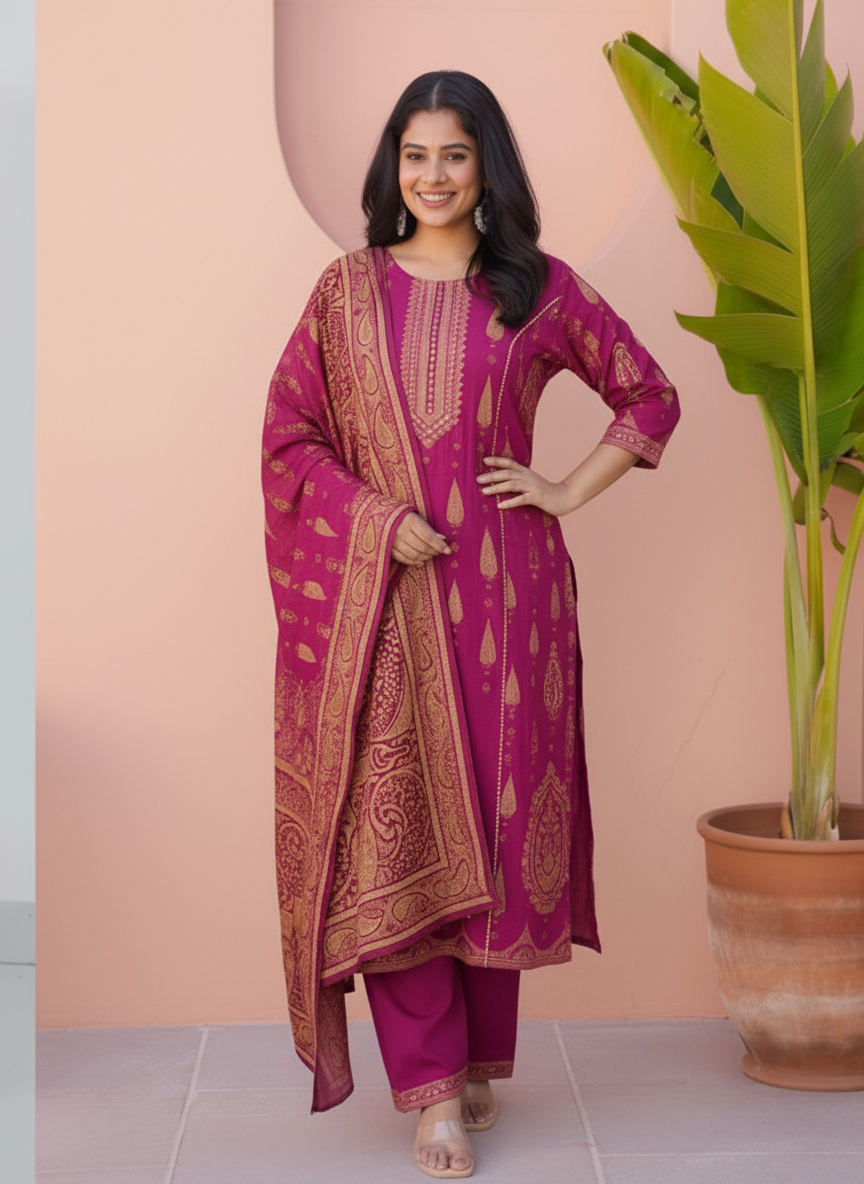 Viscose Placement Print Flared Wine Kurta