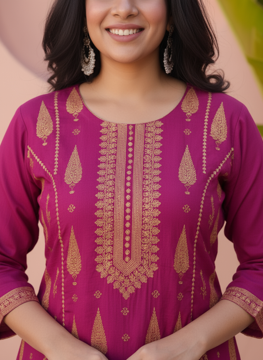 Viscose Placement Print Flared Wine Kurta