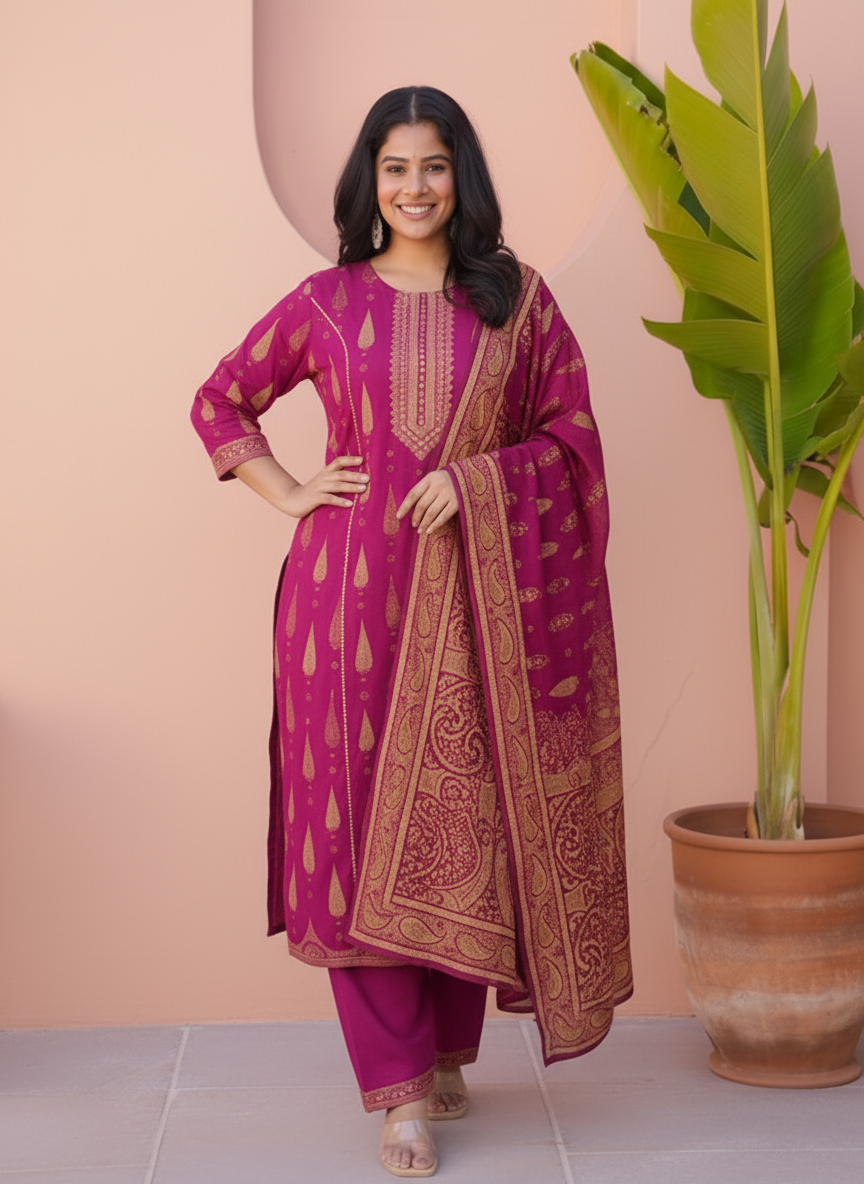 Viscose Placement Print Flared Wine Kurta
